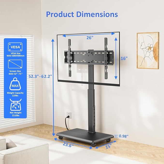 Afaloona Rolling TV Stand with Power Outlet, Mobile TV Stand