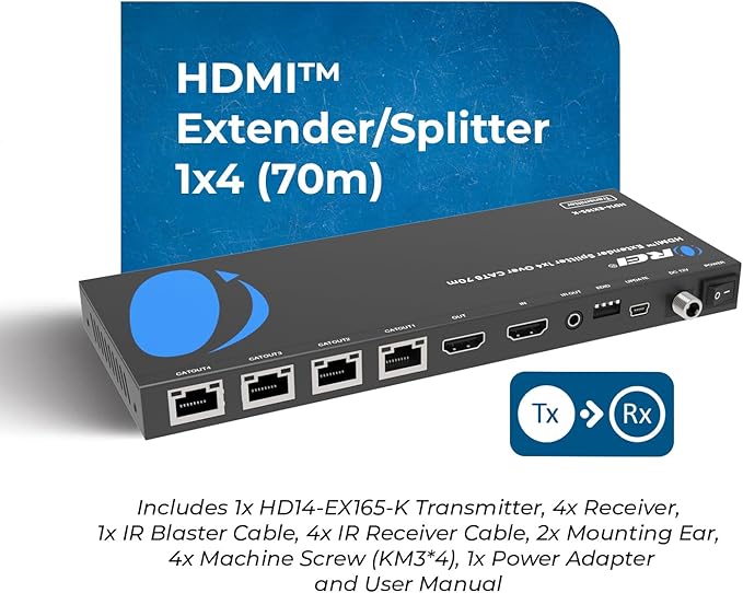 OREI 4K 1x4 HDMI Extender Splitter Over CAT6/7 Ethernet Cable Up to 4K@30Hz