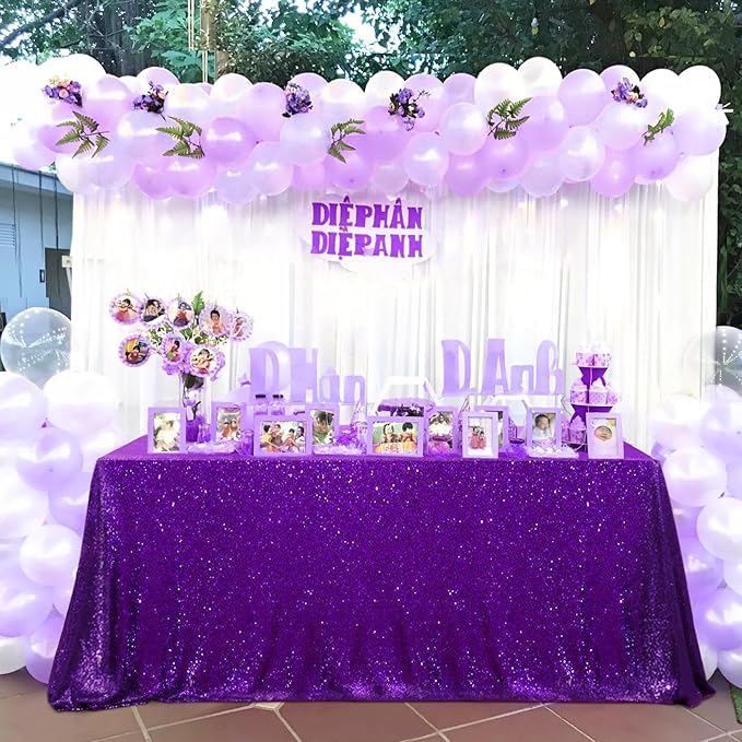 QueenDream Purple Tablecloth Sequin Fabric Table Cloths 90x90 Inch Halloween Party Decorations Purple Overlay Drapes Birthday Party Xmas Decorations