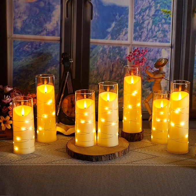 Flameless Candles with Embedded Star String, Battery Operated LED Pillar (Set of 9)