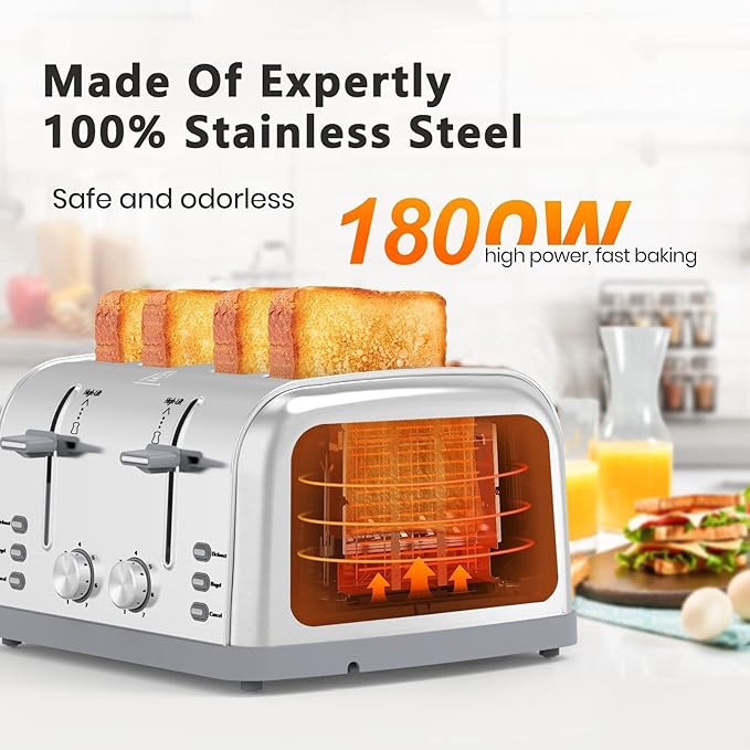 Toaster 4 Slice Retro Stainless Steel, Best Prime 4 Slice Toaster Wide Solt