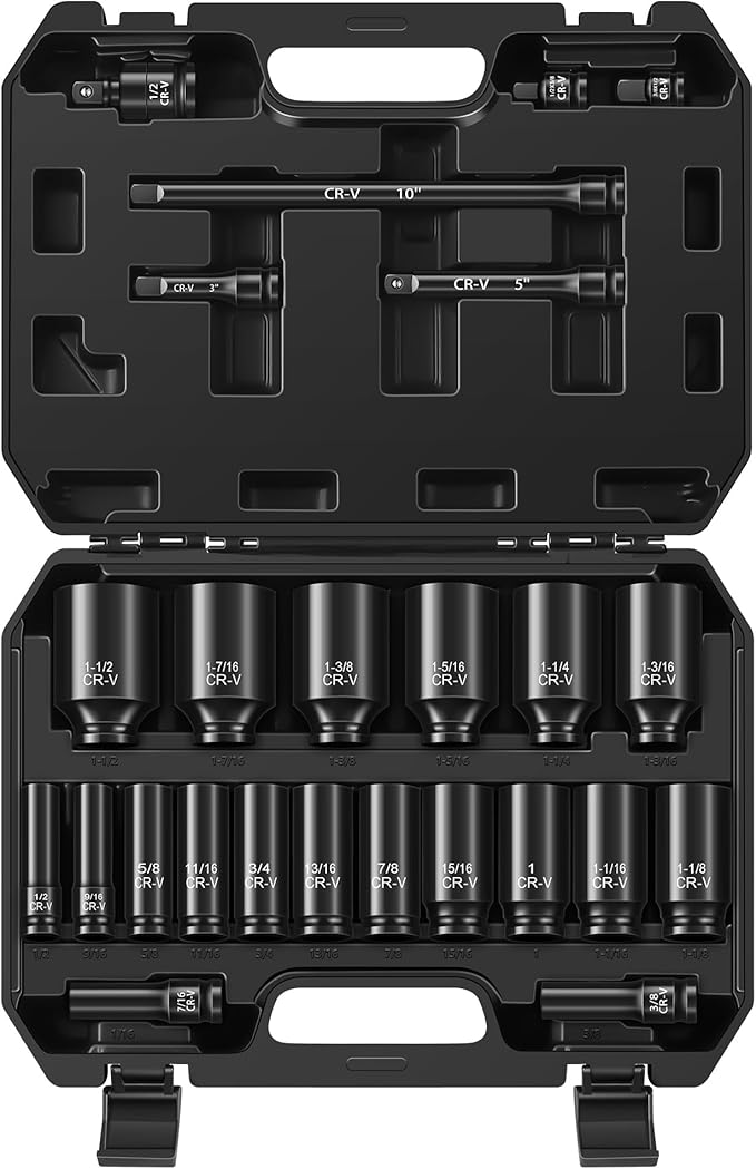 25-Piece 1/2" Drive Socket Set, Deep Sockets, Extension Bars, 1/2" F to 3/8" M