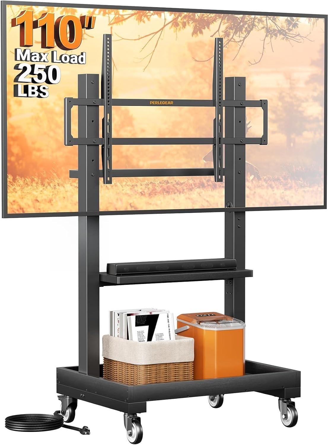 Perlegear Rolling TV Stand with Power Outlet for 32–110 inch TVs, 250 lbs