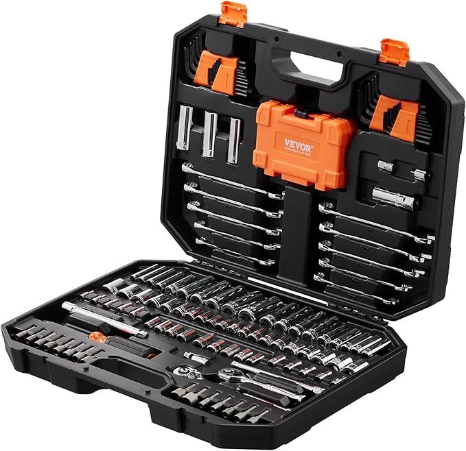 VEVOR Mechanics Tool Set and Socket Set, 1/4" and 3/8" Drive Deep and Standard (145 Pcs)