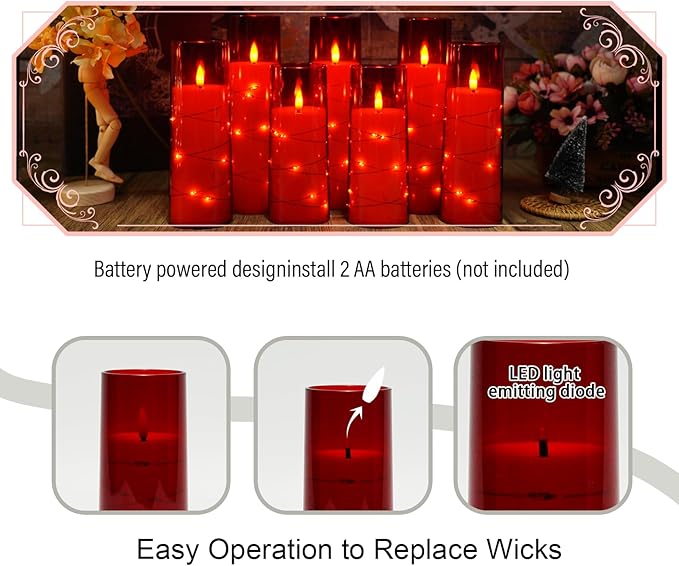 Flameless Candles with Embedded Star String, Battery Operated LED Pillar (Set of 7)