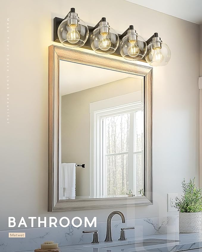 METWET Bathroom Light Fixtures, 4-Light Black and Brushed Nickel Bathroom
