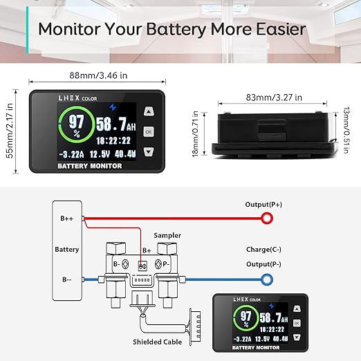 LNEX 500A Shunt Battery Monitor, 2.4" Color Screen RV Monitor