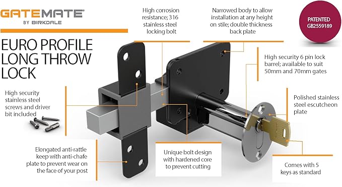 GateMate Long Throw Gate Lock, Euro Profile Gate Lock