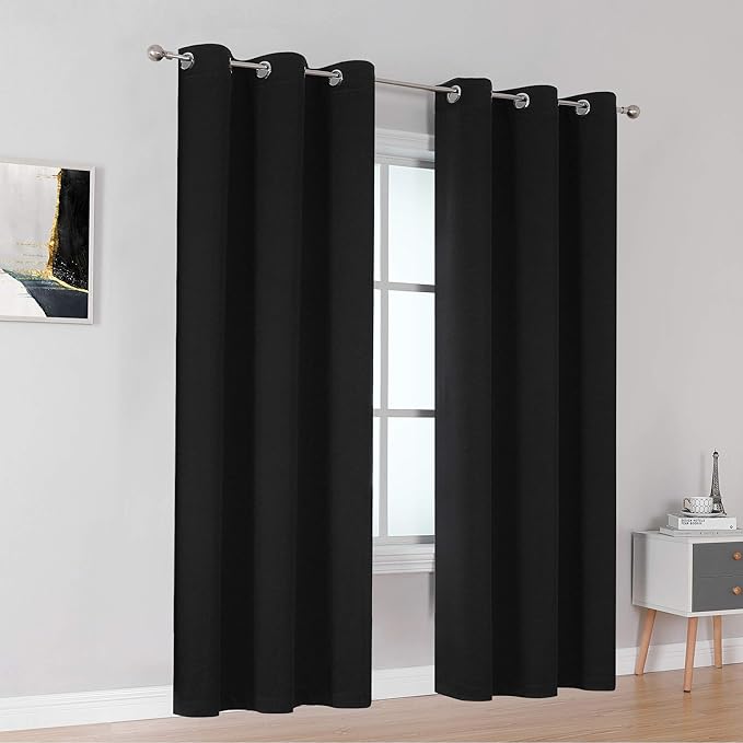 DUALIFE Black Blackout Curtain for Living Room 84 Inch Length Solid Energy (Set of 2)