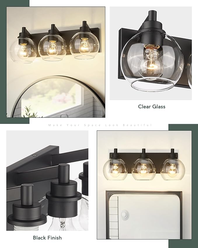 METWET Bathroom Light Fixtures, 3-Light Matte Black Vanity Light, Modern Wall