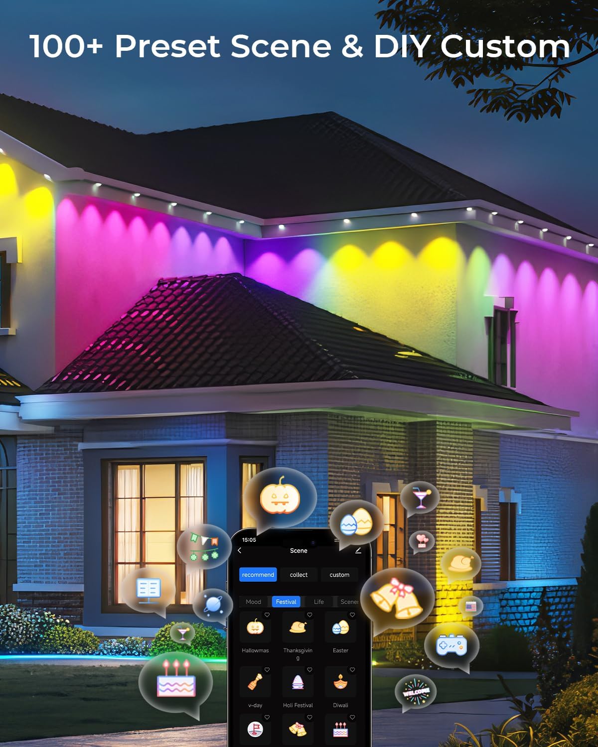 CINOTON Permanent Outdoor Lights 150ft, Smart RGBW+IC Eaves Lights with 90LEDs, IP67 Waterproof, 111 Scene Modes for Daily and Festival, Halloween Christmas Holiday Decor, APP/Voice/Remote Control