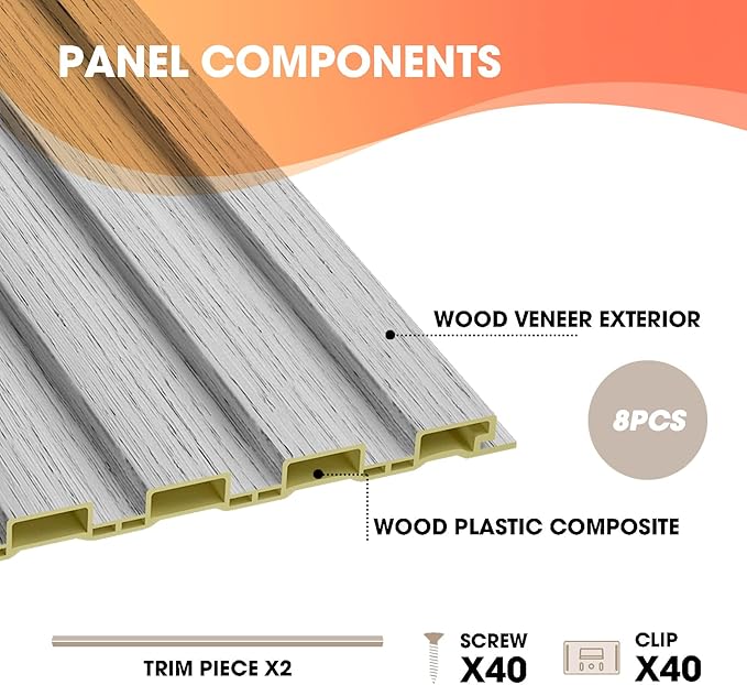 OUZUGIE WPC Acoustic Slat Wall Paneling, Living Room, TV Background, Study Room (8-Pack)