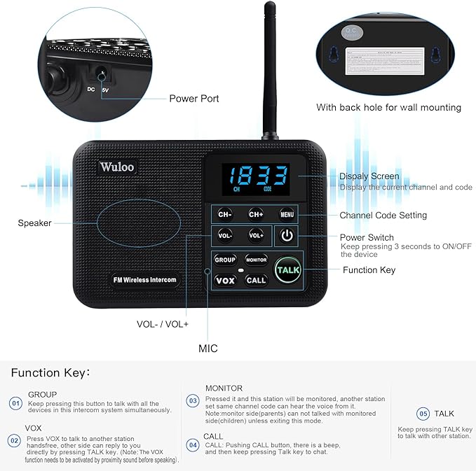 Wuloo Intercoms Wireless for Home 1 Mile Range 22 Channel 100 Digital Code