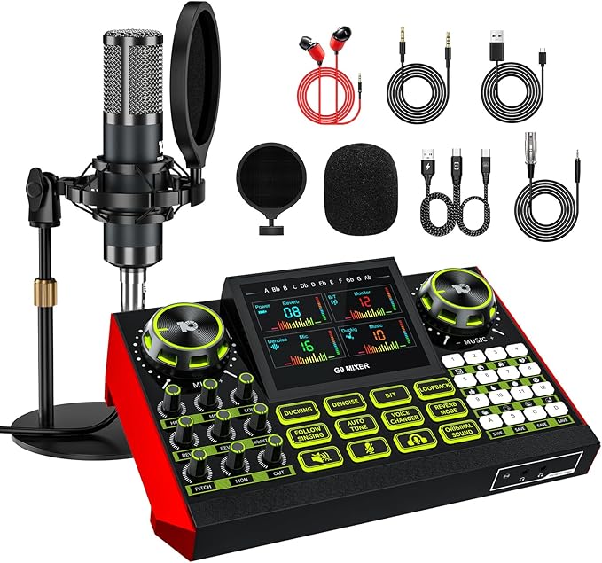 Podcast Microphone Bundle with Live Sound Card Audio Mixer, Podcast Equipment