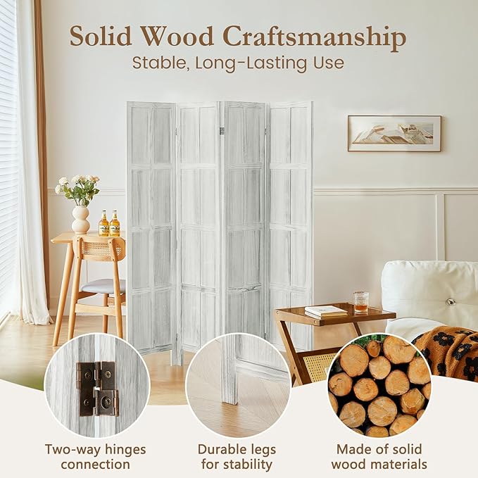 ALeesing 4 Panel Room Divider, 5.6Ft Wood Room Dividers and Folding Privacy