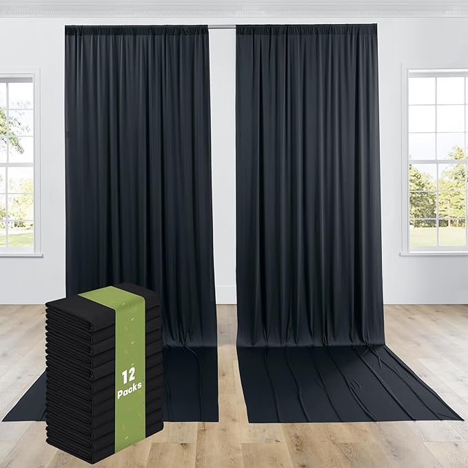 PartyVillage 60ft×15ft Black Backdrop Curtain for Halloween Parties, 12 Panels Wrinkle Free 15 FT Long Polyester Photo Backdrop Drapes Back Drop Cloth for Birthday Photography Background