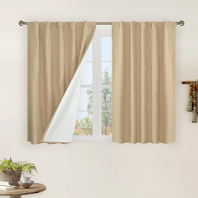 LAMIT 40 Inch Length 100% Blackout Linen Curtains, Linen Textured Thermal