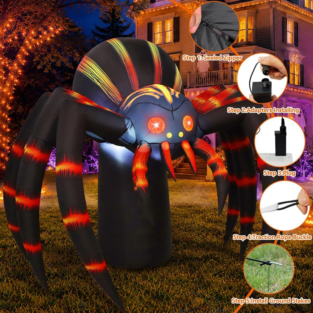 COMIN 7FT Halloween Inflatables Orange Stripe Spider Yard Decor with LEDs