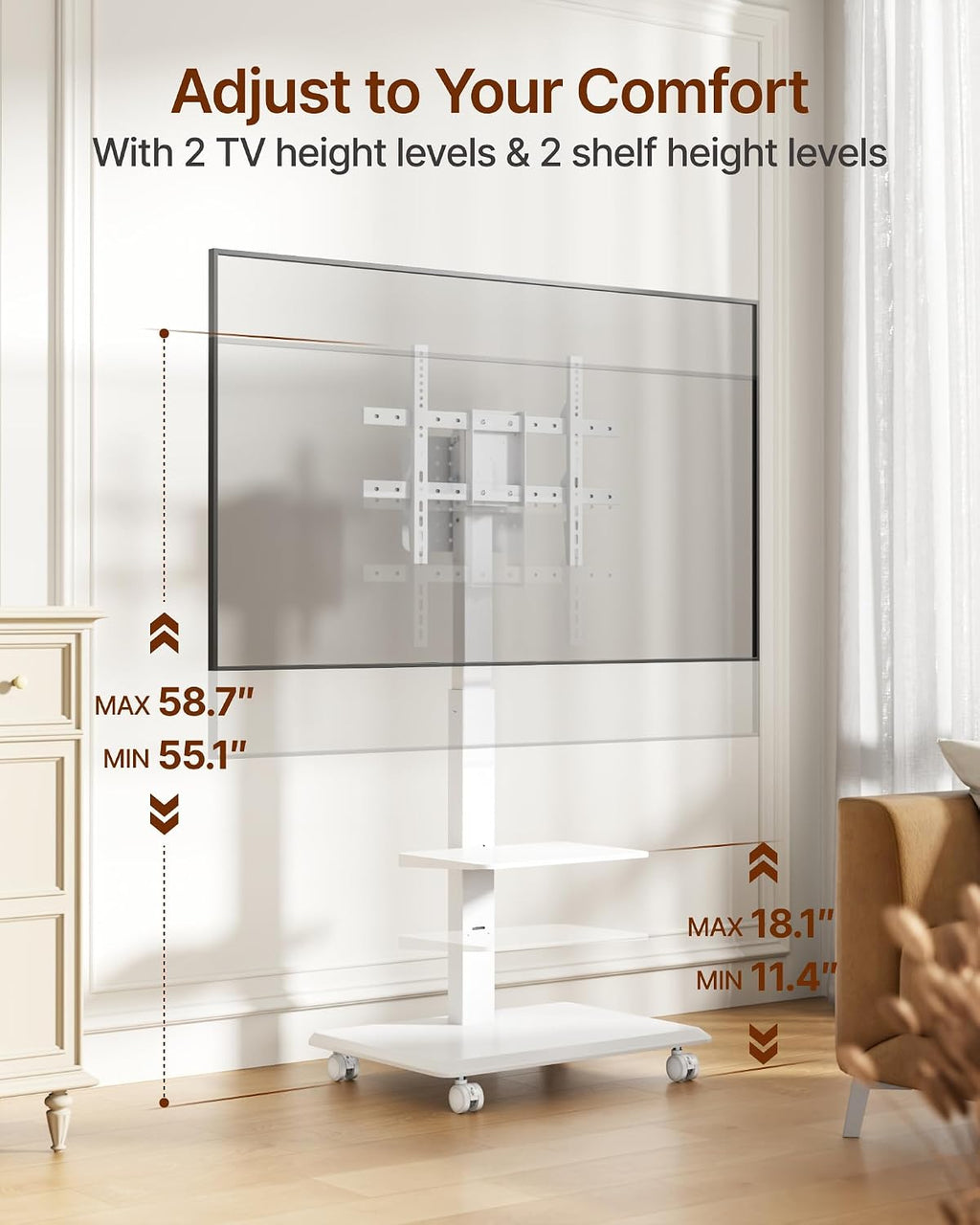 Steel Base Rolling TV Stand for 37-86 Inch TVs up to 110 lbs, White