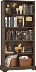 TVU 5 Tiers Wooden Bookshelf, 65.2" Tall Farmhouse Style Open Bookcase, 31.5" Wide Standing Book Shelf with Storage for Study Room, Living Room, Walnut Brown