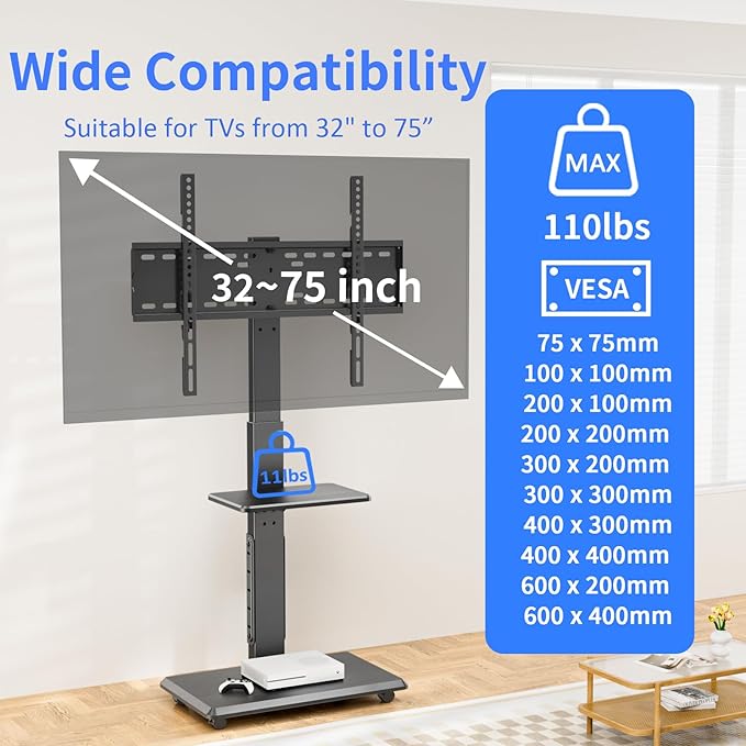 Rolling TV Stand with Power Outlet, Mobile TV Cart