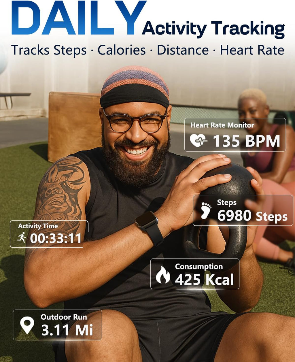 morepro fitness tracker with 24/7 heart rate & showing dimensions