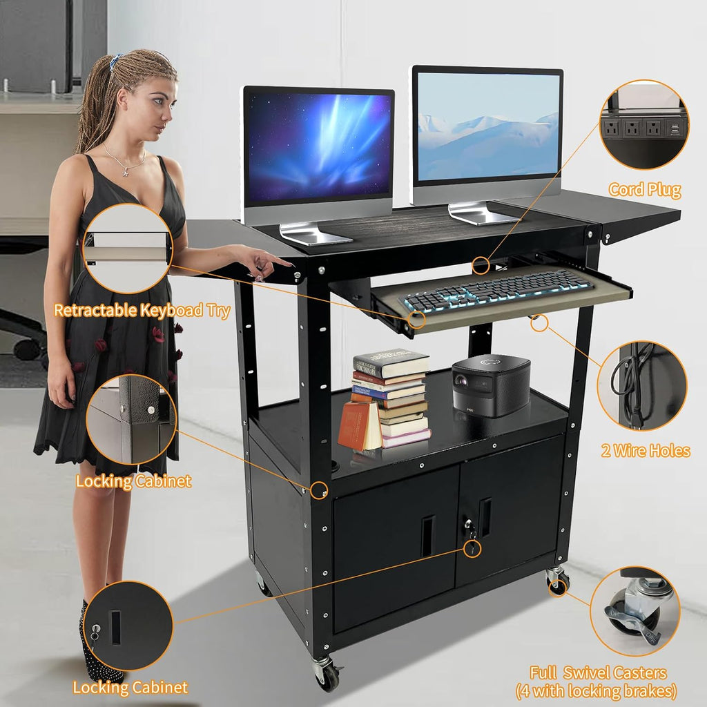 Large Steel AV Cart with Locking Cabinet and Pullout Keyboard Tray, Adjustable-Height Rolling Media Cart with Wheels & Power (54"x18"x43")
