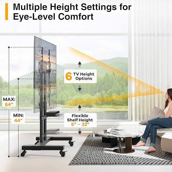 TVON Rolling TV Stand for 32-83 inch Flat Screen/Curved TVs up to 110 lbs