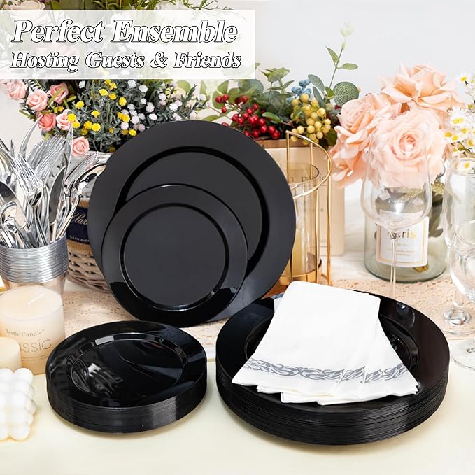 200PCS Black Plastic Plates Set, 100 10.25 inch Dinner Plates and 100 7.5 inch Dessert Plates, Premium Disposable Plates for Party, Wedding,Halloween