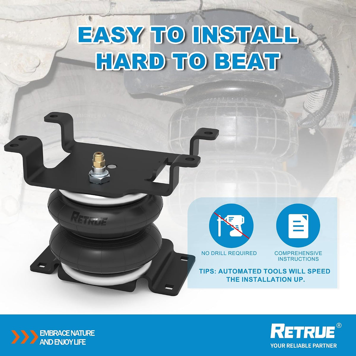 retrue rear air bags suspension kit for 2005-2020 showing dimensions