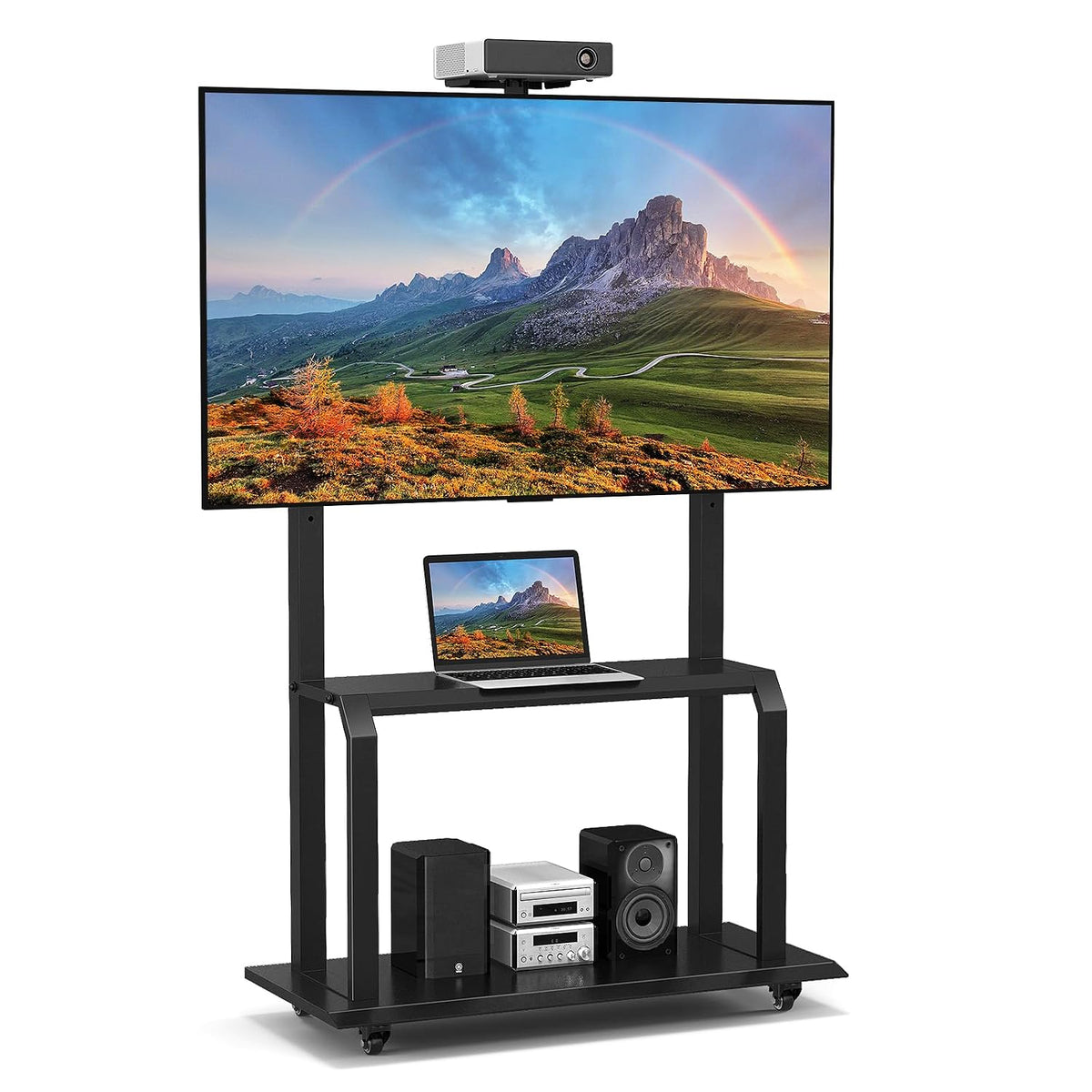Goplus Mobile TV Stand, Rolling TV Cart with Camera Shelf & AV Shelves, Adjustable Media Console Cart for 32”-80” Flat/Curved TVs up to 132 lbs, Max VESA 900 X 600 mm, TV Mounting Screws Included