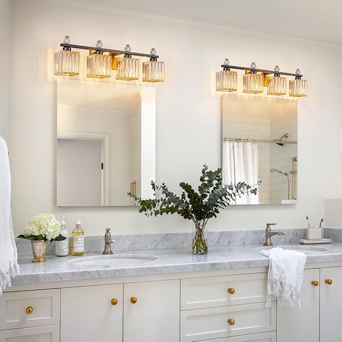 FDPBY Vanity Lights 4-Light Modern Crystal Vanity Light Black Gold Bathroom