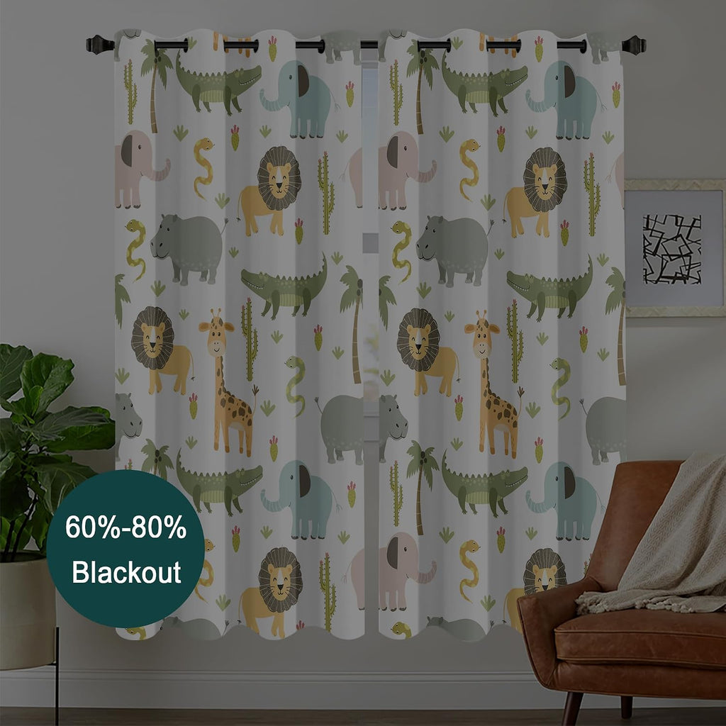 MESHELLY Baby Safari Animals Blackout Curtains 52Wx63H Inch for Boy Bedroom Grommet Pair Kids Woodland Jungle Lion Elephant Art Printed Curtains for Nursery Living Room Window Treatment Fabric