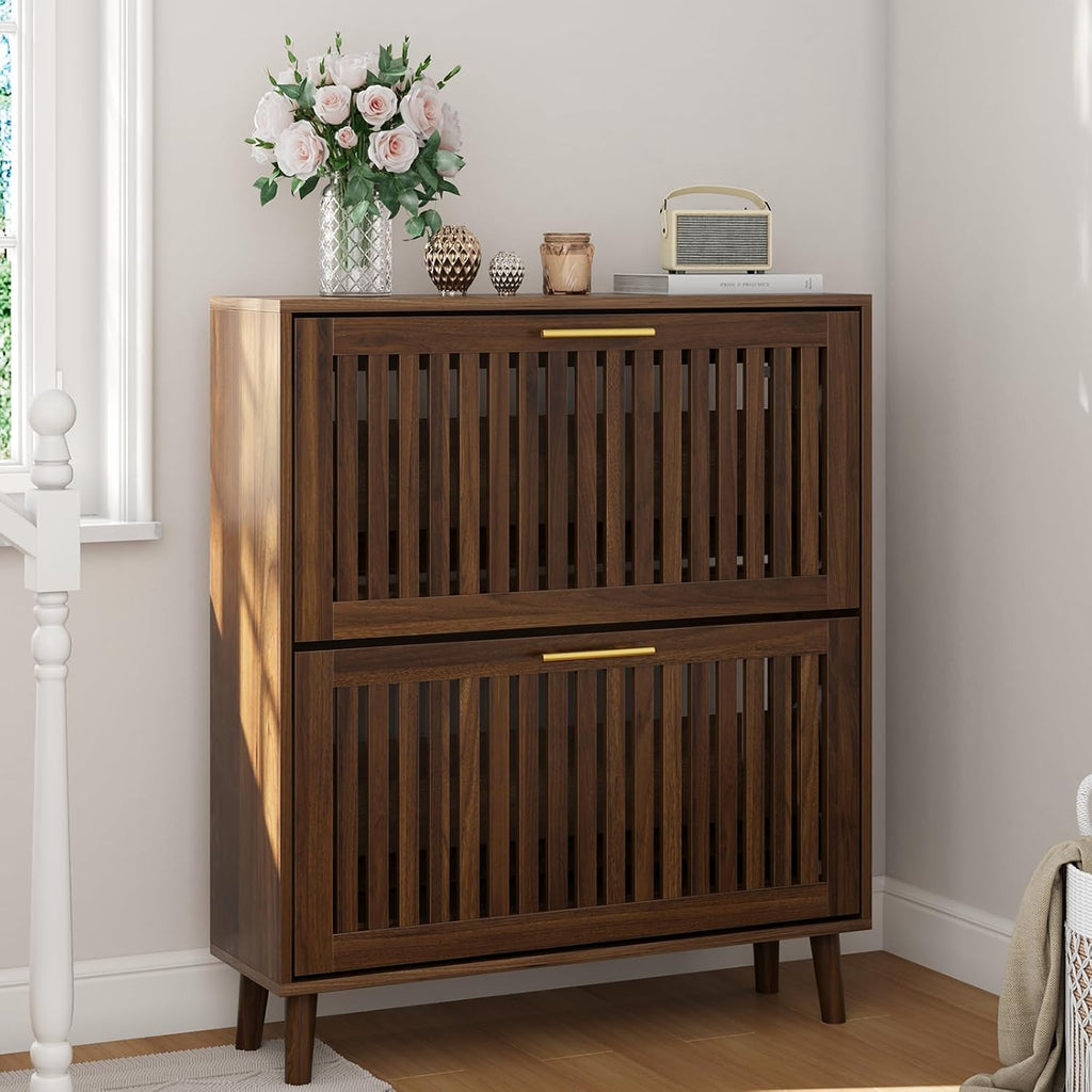 Smart FENDEE 31.5" W Shoe Cabinet Storage for Entryway with 2 Flip Drawers, Shoe Cabinet with Slatted Panel, Hidden Shoe Rack Freestanding Slim Shoes Organizer for Hallway, Entrance, Walnut