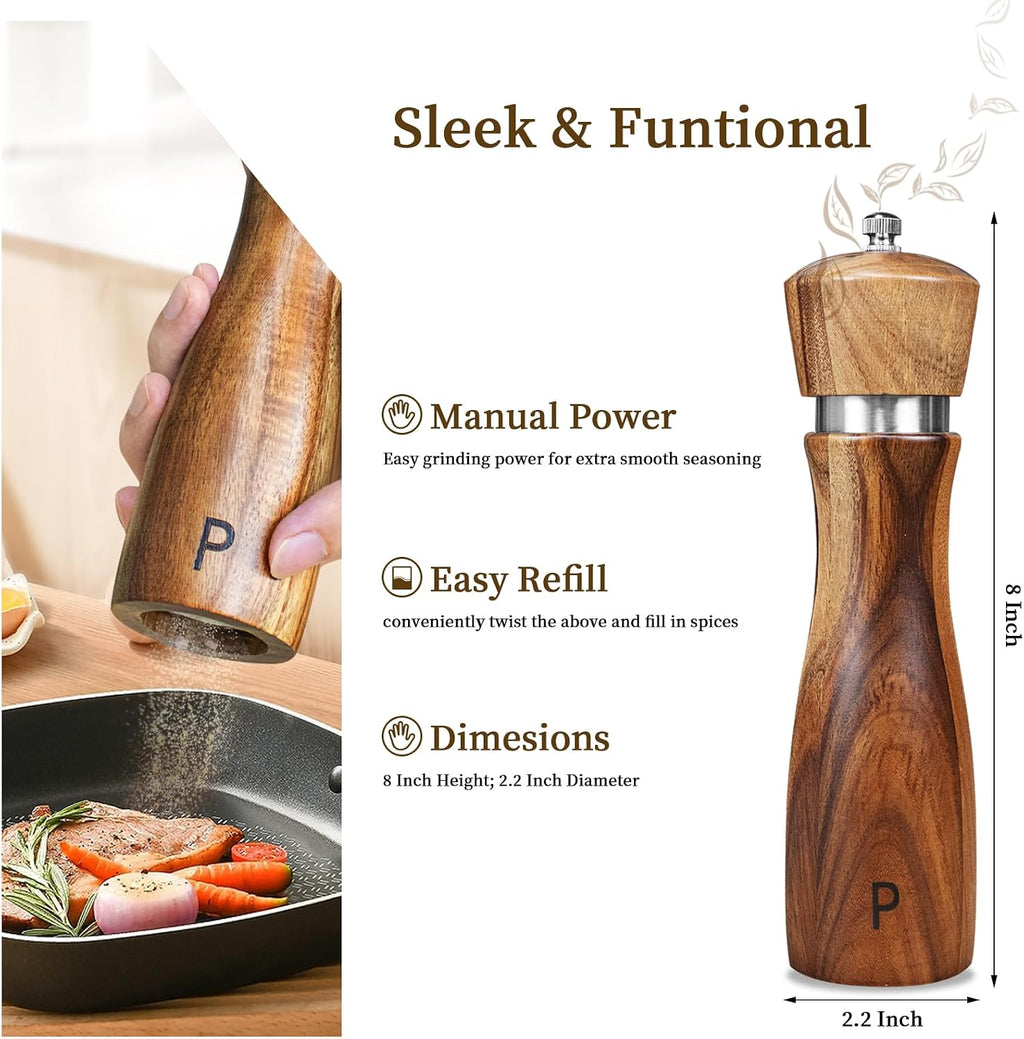 Haomacro 2 Pack Acacia Wood Salt and Pepper Grinder Set Kitchen Home 8 Inch