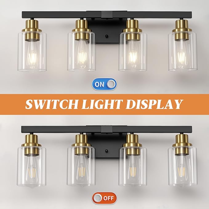 DIKAIDA Bathroom Vanity Light, 4-Light Black and Gold Bathroom Light Fixtures