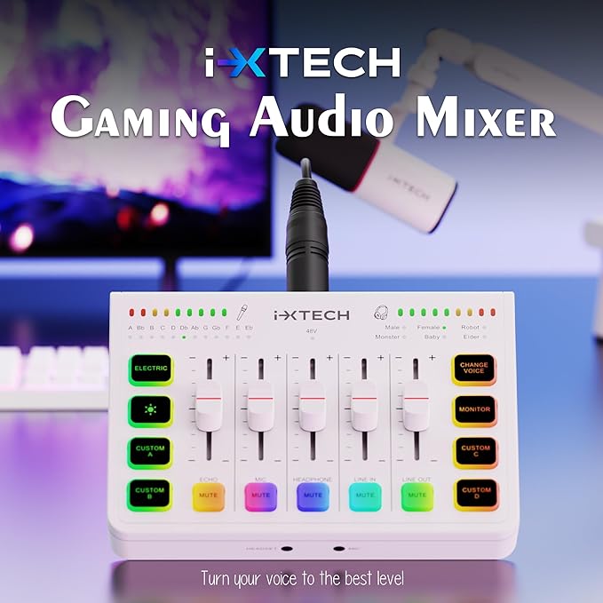 IXTECH Gaming Audio Mixer 4 Channel Soundboard, Streaming RGB PC Audio Interface