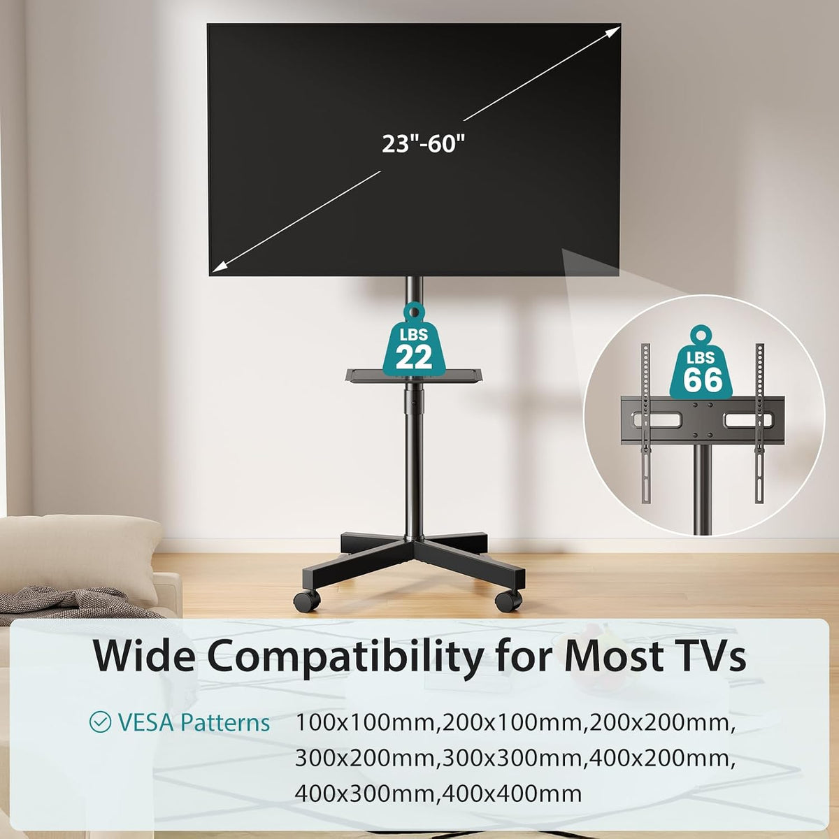 olixis rolling tv stand with wheels, portable tv showing dimensions