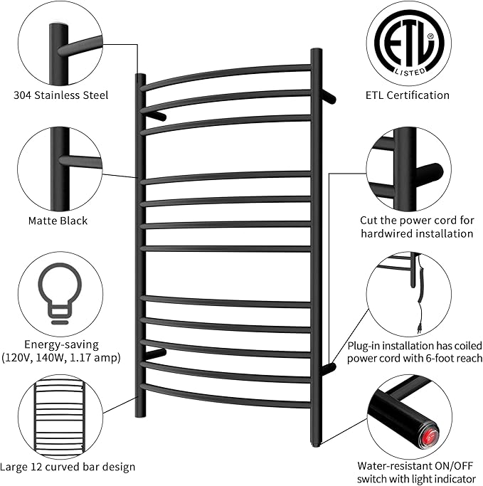 HEATGENE Towel Warmer Wall Mount Electric Plug-in/Hardwired Heated Towel Rack