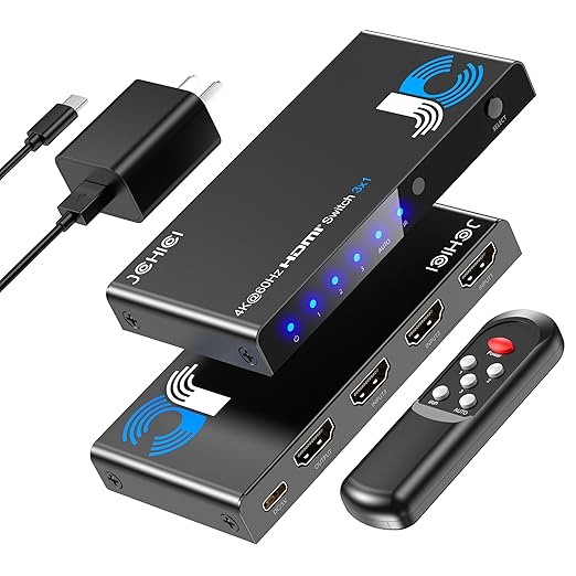 JCHICI HDMI Switch 3 in 1 Out, 4K@60Hz Switcher Splitter, Auto-Switching HDMI