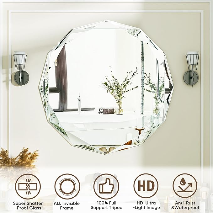 Suidia Bathroom Mirror, Frameless Bathroom Mirror