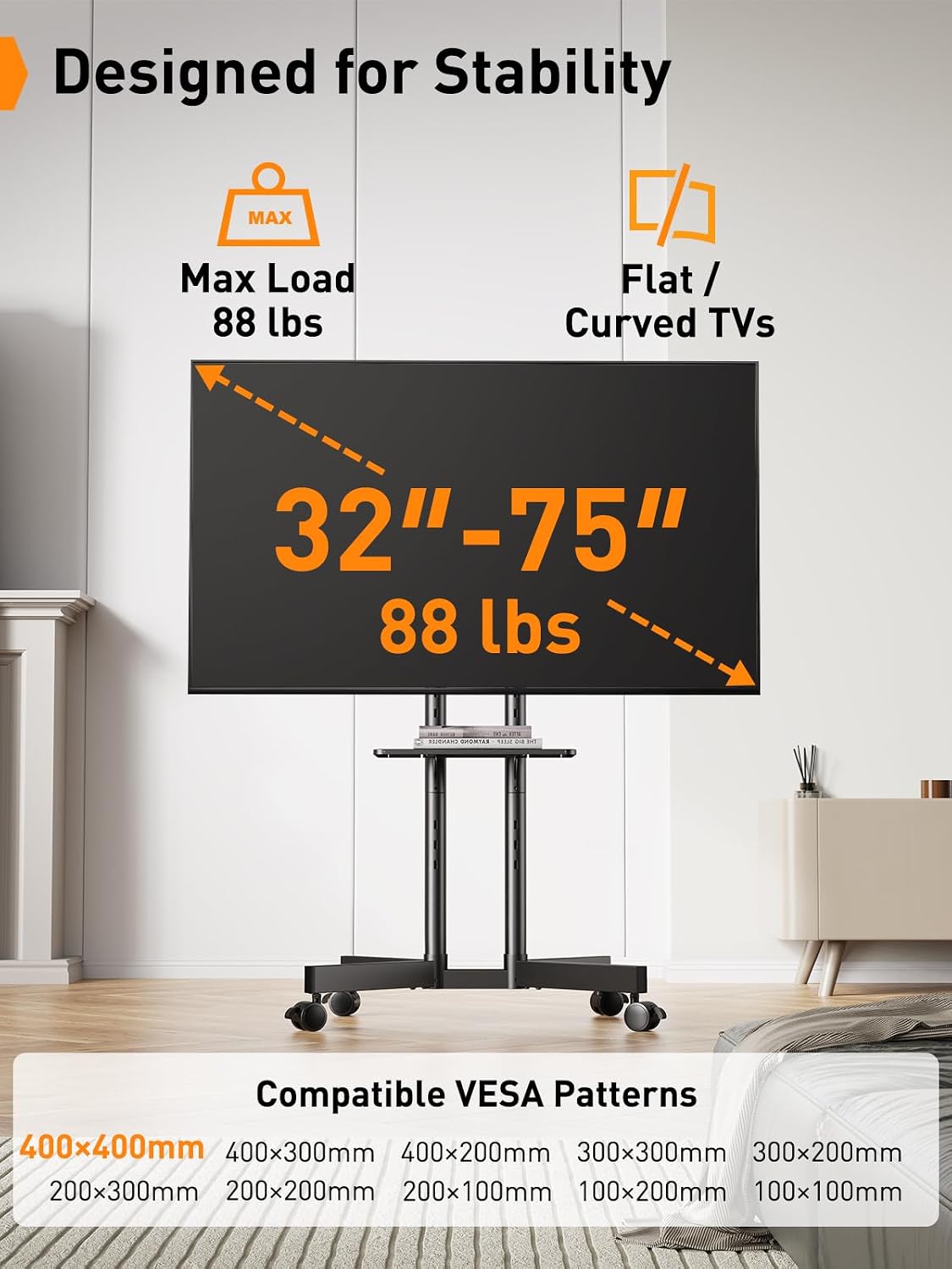 perlegear rolling tv stand, mobile tv stand with, front angle view