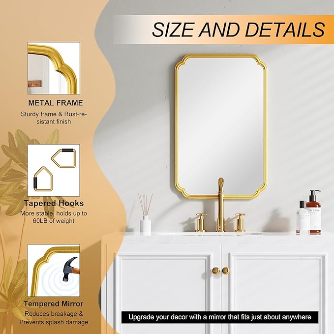 22x34 Inch Gold Bathroom Mirror, Metal Framed Wall Mirror