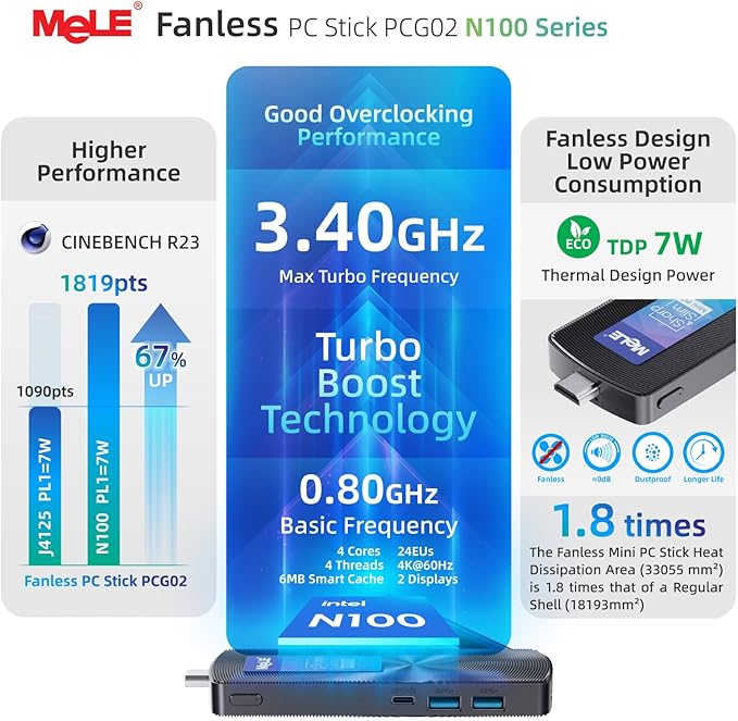 MeLE Fanless Mini PC Stick PCG02, N100 8GB 128GB Compute Stick, Micro Desktop