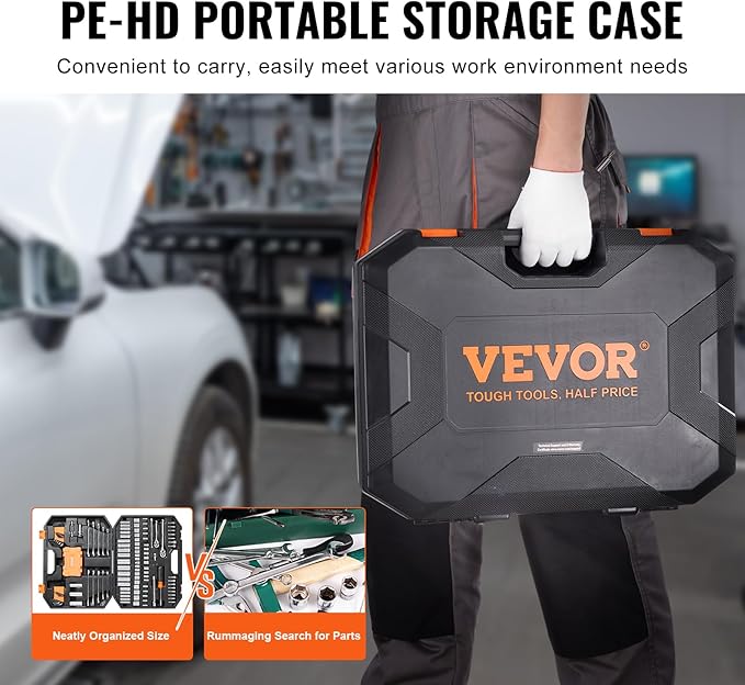 VEVOR Mechanics Tool Set and Socket Set, 1/4" and 3/8" Drive Deep and Standard (145 Pcs)