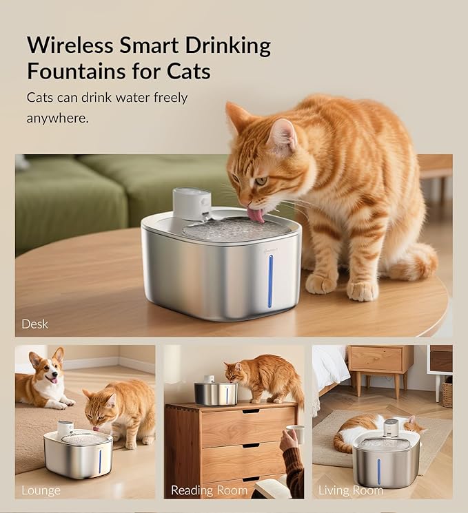 Wireless Cat Water Fountain Stainless Steel, 135floz/4L Battery Operated
