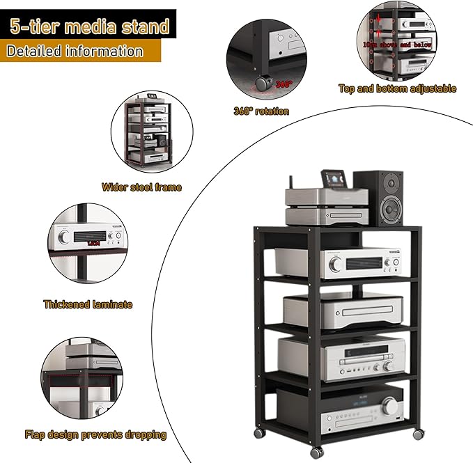 Dernoing 5 Tier Audio Rack Tower, CD Record Player Stereo Receiver AV Equipment