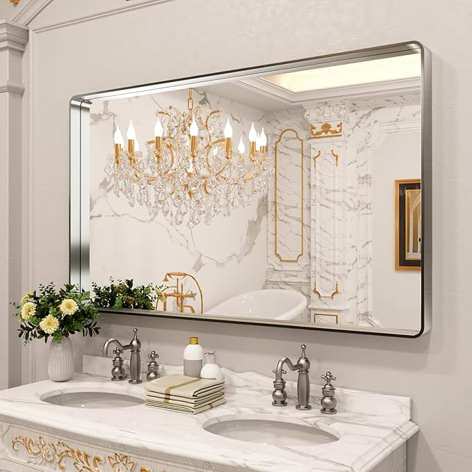 LOAAO 60X30 Inch Brushed Nickel Bathroom Mirror, Rounded Rectangle Silver Metal