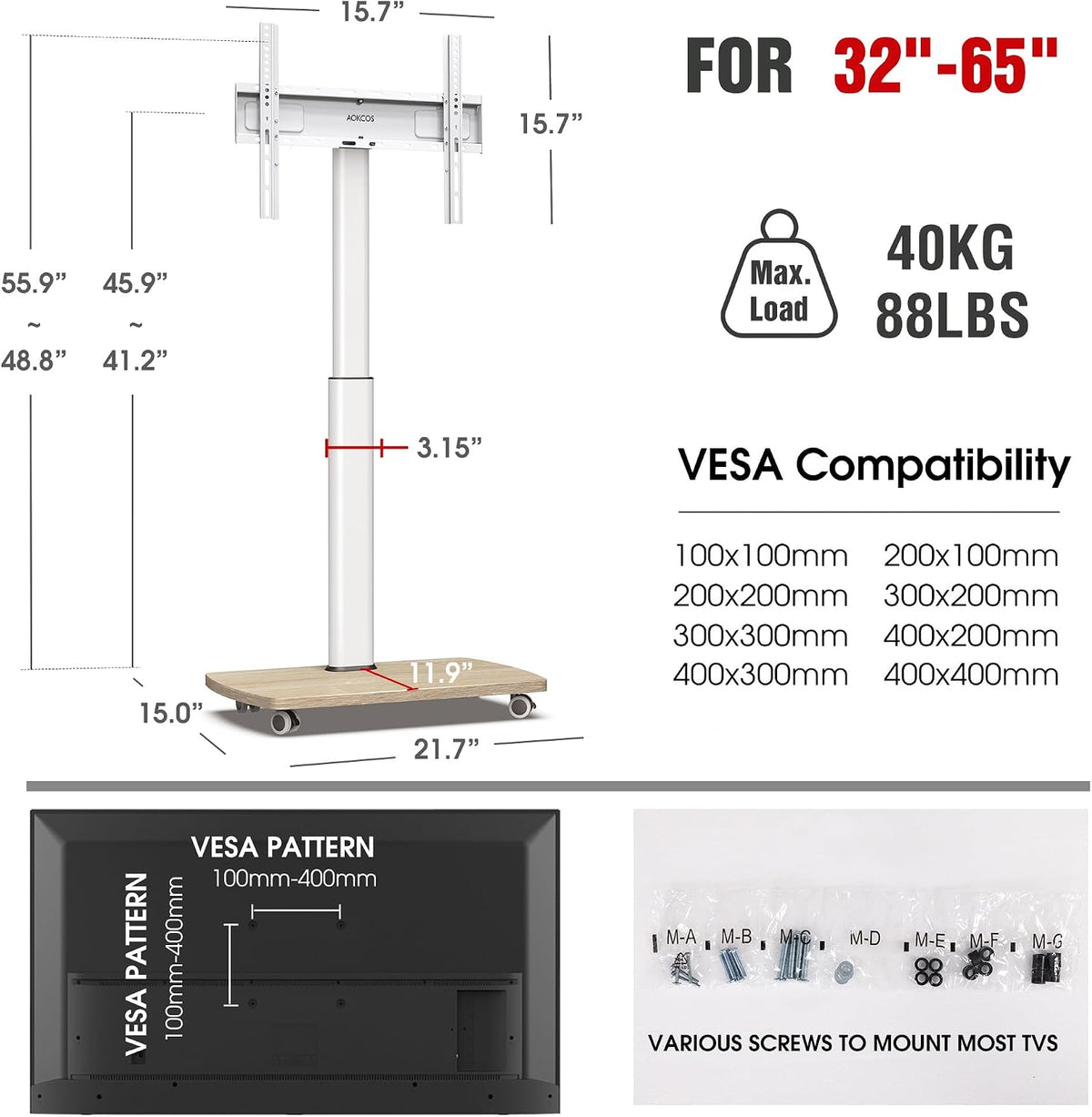 AOKCOS Rolling TV Stand for 32-65 Inch TVs, Portable Mobile TV Stand on Wheels, 8-Level Height Adjustable TV Cart with Swivel & Tilt Mount for Bedroom/Living Room/Office/Corner