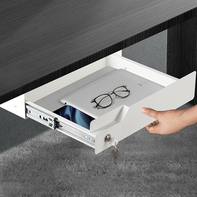 White Under Desk Drawer with Lock, Metal Hidden Storage